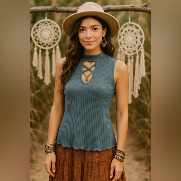 Paper Crane Blue Ribbed Keyhole Tank Top Small | Nordstrom NWT - Picture 1 of 10